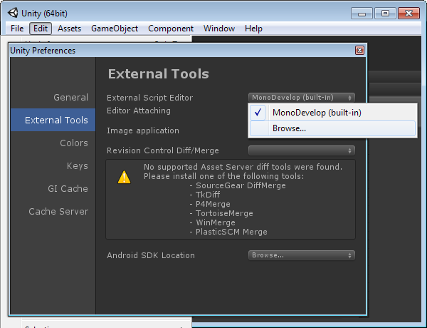 Image showing the preferences dialog inside Unity